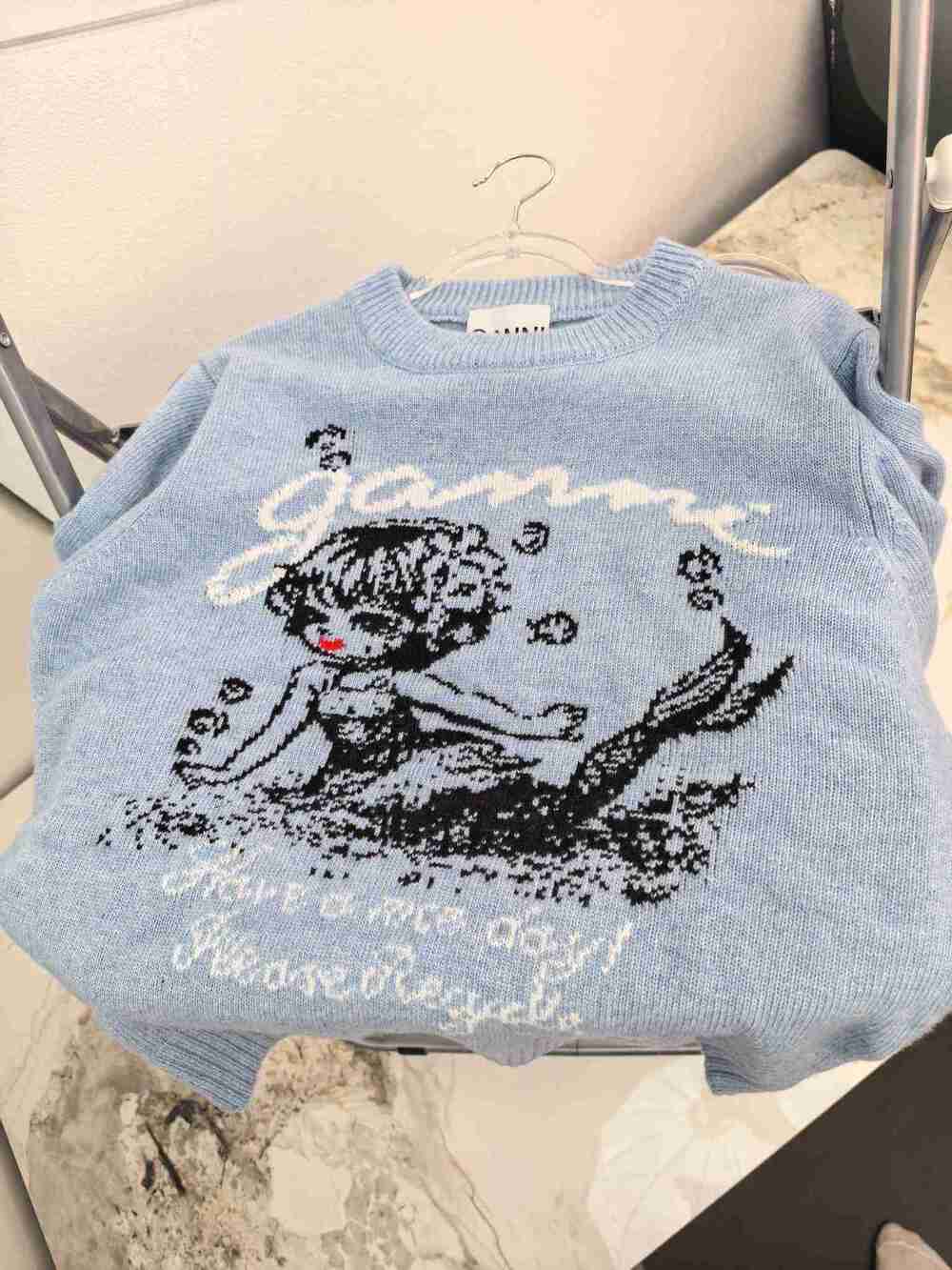 GANNI Heather Blue Mermaid Long Sleeve Crewneck Knitted Jumper - Picture 2 of 6